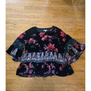 John Mark Enchanted Evening Velour Floral Burnout Peplum Blouse Top Size XL